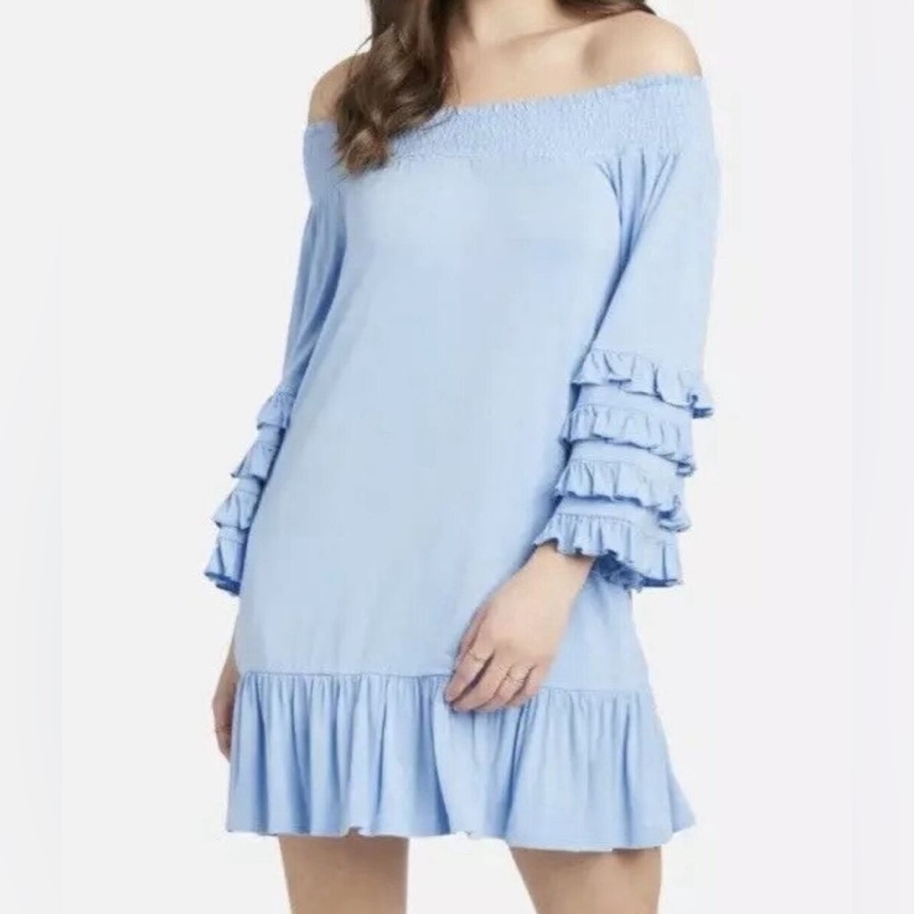 Bebe Blue Off-Shoulder Ruffle Mock Dress XXS